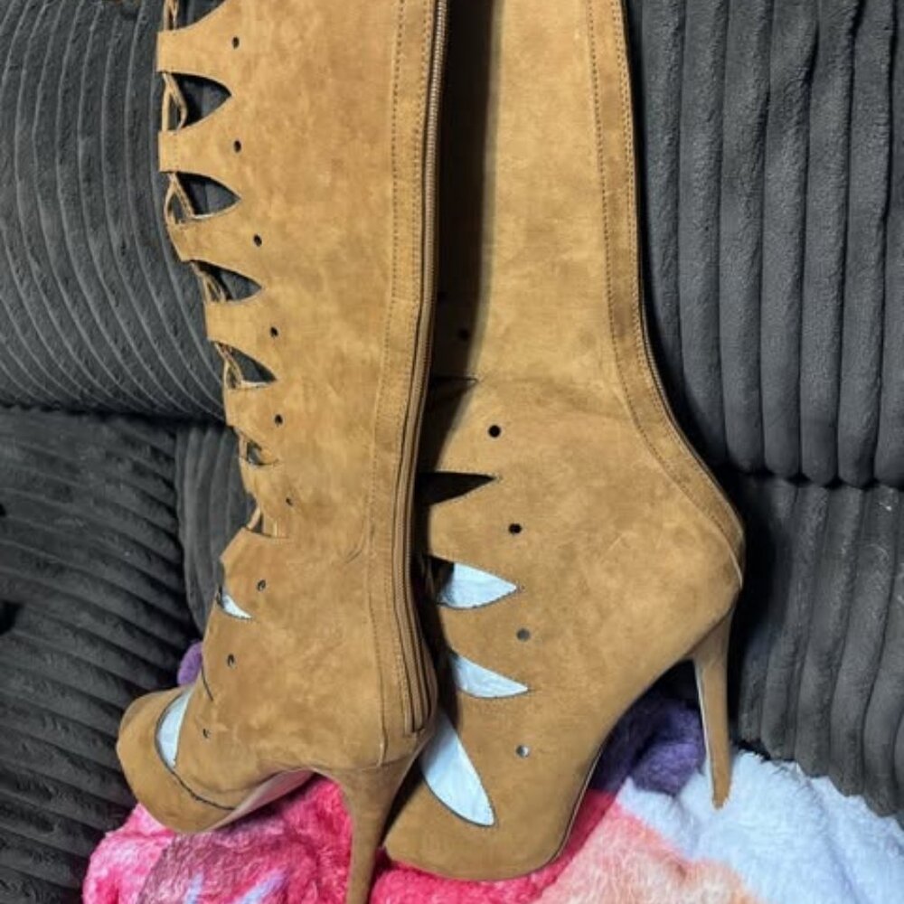 Knee High Lace Up Cut Out High Heel Boots